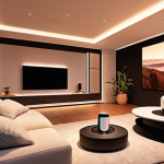 **Prompt:** A modern living room showcasing smart home devices, including a smart speaker, smart lighting, and a smart thermostat, all seamlessly integrated into the home decor. The lighting should be adjusted to a warm, inviting color.