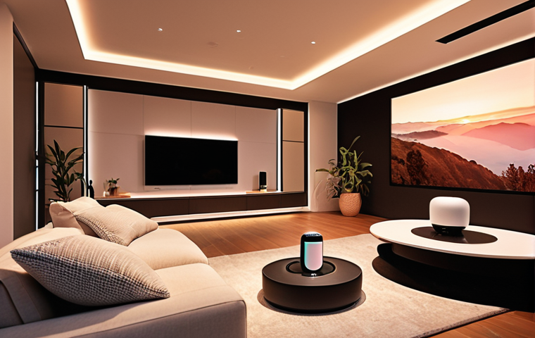 **Prompt:** A modern living room showcasing smart home devices, including a smart speaker, smart lighting, and a smart thermostat, all seamlessly integrated into the home decor. The lighting should be adjusted to a warm, inviting color.