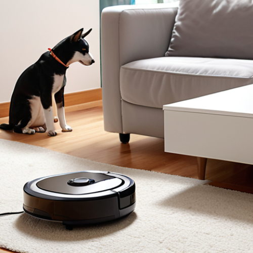 Home 30 **
A modern living room scene with a robotic vacuum cleaner autonomously cleaning the floor. Focus on clean lines, bright lighting, and a pet (dog or cat) observing the robot with curiosity. Show the robot vacuum navigating around furniture.
**