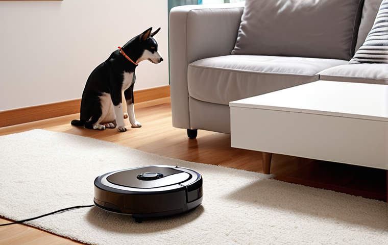 **

A modern living room scene with a robotic vacuum cleaner autonomously cleaning the floor. Focus on clean lines, bright lighting, and a pet (dog or cat) observing the robot with curiosity. Show the robot vacuum navigating around furniture.

**