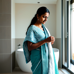 **

A professional Indian woman in a modest sari, standing in a well-lit, modern bathroom. She is gently towel-drying her hair with a soft cotton towel.  Appropriate attire, fully clothed, safe for work, family-friendly, perfect anatomy, natural pose, high resolution. The bathroom has natural sunlight streaming in.

**