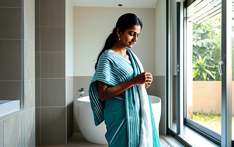 **

A professional Indian woman in a modest sari, standing in a well-lit, modern bathroom. She is gently towel-drying her hair with a soft cotton towel.  Appropriate attire, fully clothed, safe for work, family-friendly, perfect anatomy, natural pose, high resolution. The bathroom has natural sunlight streaming in.

**