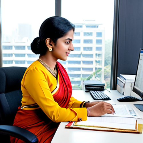 Home 28 **
A professional businesswoman in a modest sari, working at a modern desk in a clean, bright office in Mumbai, fully clothed, appropriate attire, safe for work, perfect anatomy, natural proportions, professional photography, high quality.
**