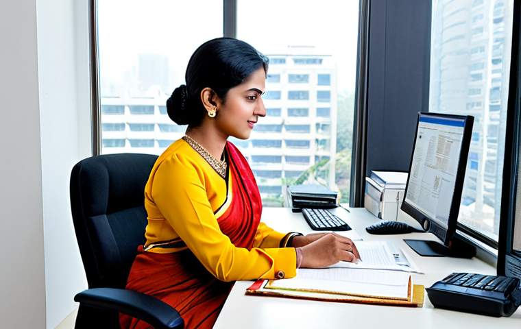 **
A professional businesswoman in a modest sari, working at a modern desk in a clean, bright office in Mumbai, fully clothed, appropriate attire, safe for work, perfect anatomy, natural proportions, professional photography, high quality.
**