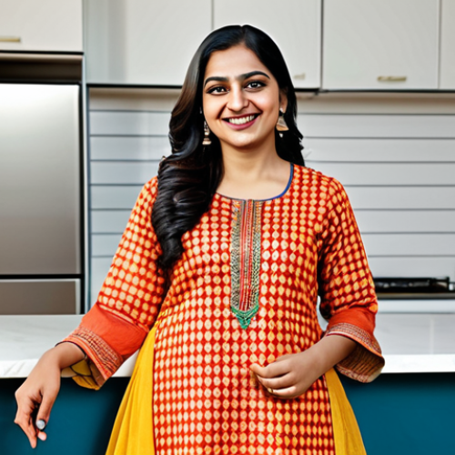 Home 27 A professional Indian woman in a modest, colorful salwar kameez, smiling warmly in a modern, well-lit kitchen, fully clothed, appropriate content, safe for work, perfect anatomy, natural proportions, family-friendly, high resolution.