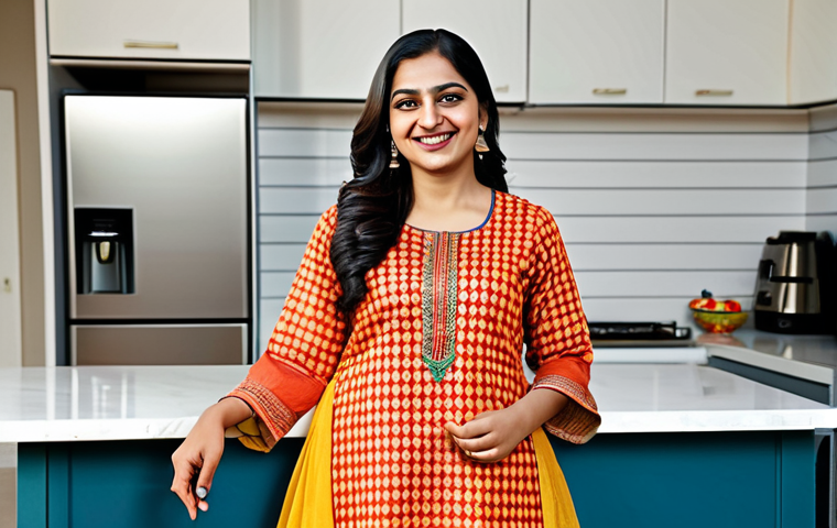 A professional Indian woman in a modest, colorful salwar kameez, smiling warmly in a modern, well-lit kitchen, fully clothed, appropriate content, safe for work, perfect anatomy, natural proportions, family-friendly, high resolution.