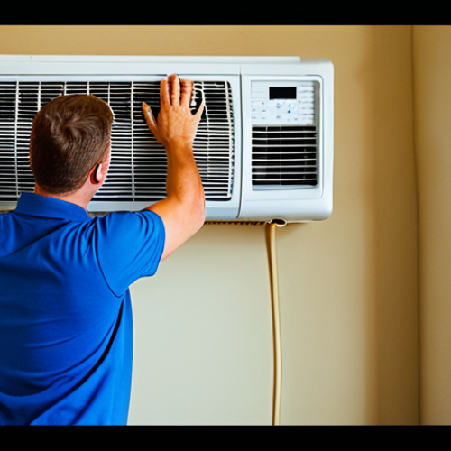 Home 14 **Prompt:** A fully clothed technician professionally installing a window AC unit in a home. Safe for work, appropriate content, modest clothing, perfect anatomy, correct proportions, natural pose, well-lit, family-friendly.