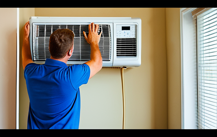 **Prompt:** A fully clothed technician professionally installing a window AC unit in a home. Safe for work, appropriate content, modest clothing, perfect anatomy, correct proportions, natural pose, well-lit, family-friendly.