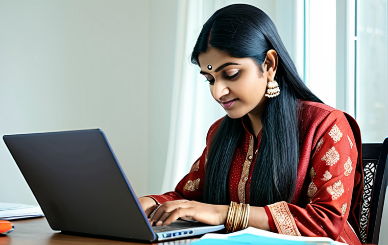 가전제품 수명 연장 팁 - **Prompt:** A professional Indian woman in a modest salwar kameez, working on a laptop at a brightly...