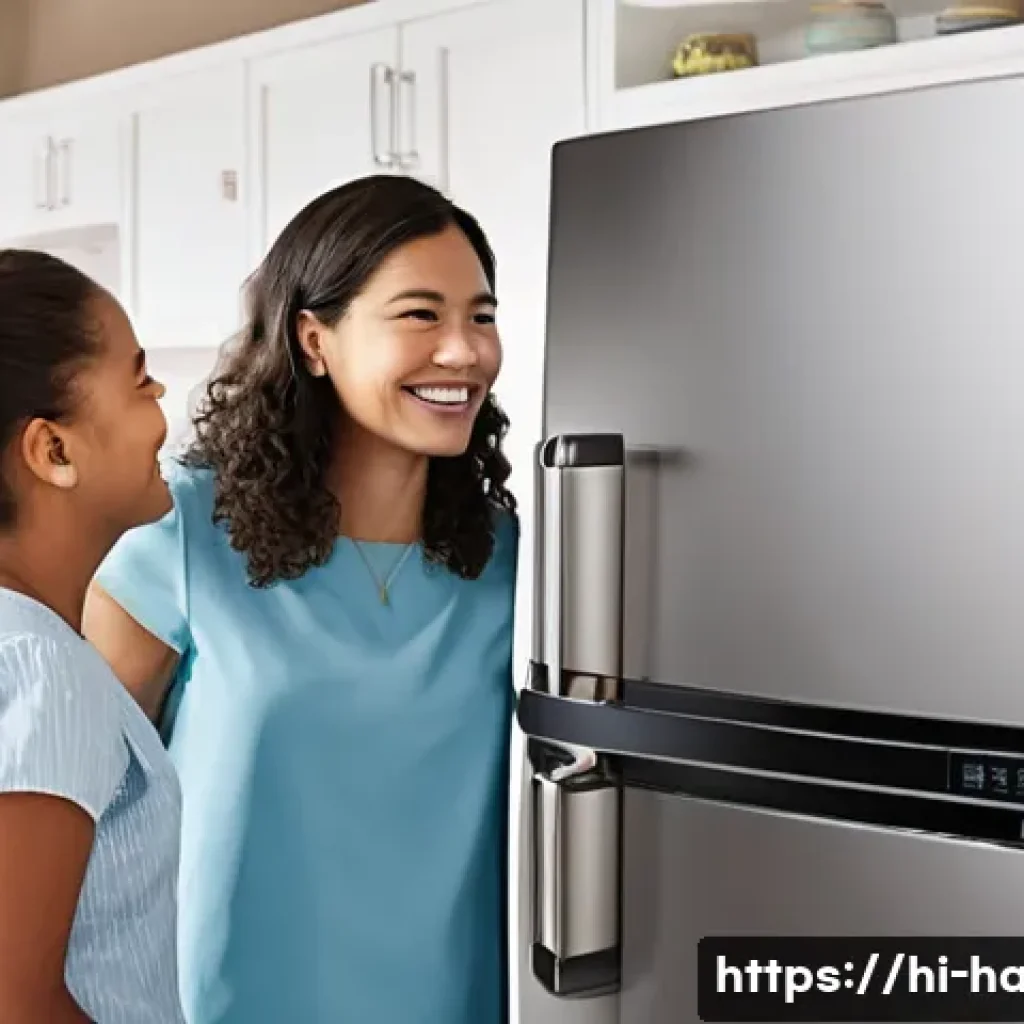 홈가전 제조사 AS 정책 - **Prompt:** A brightly lit, modern appliance showroom with a diverse, happy family (a father, mother...