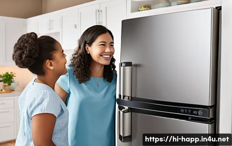 홈가전 제조사 AS 정책 - **Prompt:** A brightly lit, modern appliance showroom with a diverse, happy family (a father, mother...