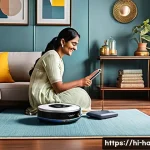 Home 21 로봇청소기 대여 서비스 - A modern Indian living room with a sleek, compact robot vacuum cleaner operating autonomously on pol...