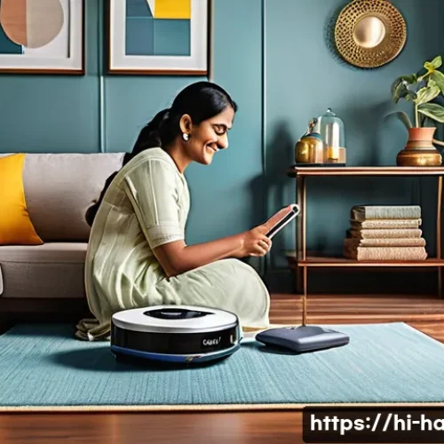 Home 33 로봇청소기 대여 서비스 - A modern Indian living room with a sleek, compact robot vacuum cleaner operating autonomously on pol...