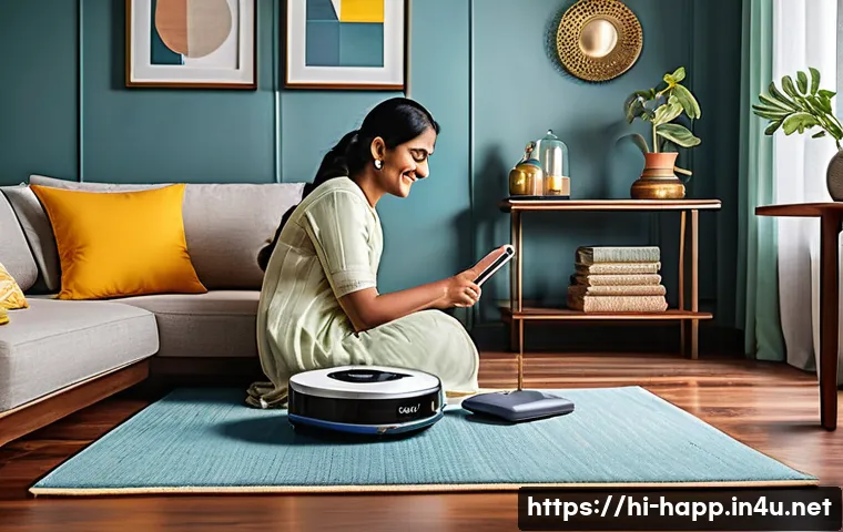 로봇청소기 대여 서비스 - A modern Indian living room with a sleek, compact robot vacuum cleaner operating autonomously on pol...