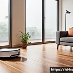 Home 20 로봇청소기와 진공청소기 비교 - A modern Indian living room with wooden furniture and polished floors, featuring a sleek robot vacuu...