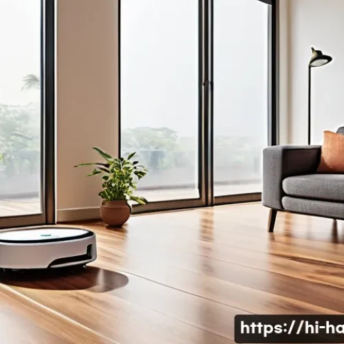 Home 32 로봇청소기와 진공청소기 비교 - A modern Indian living room with wooden furniture and polished floors, featuring a sleek robot vacuu...
