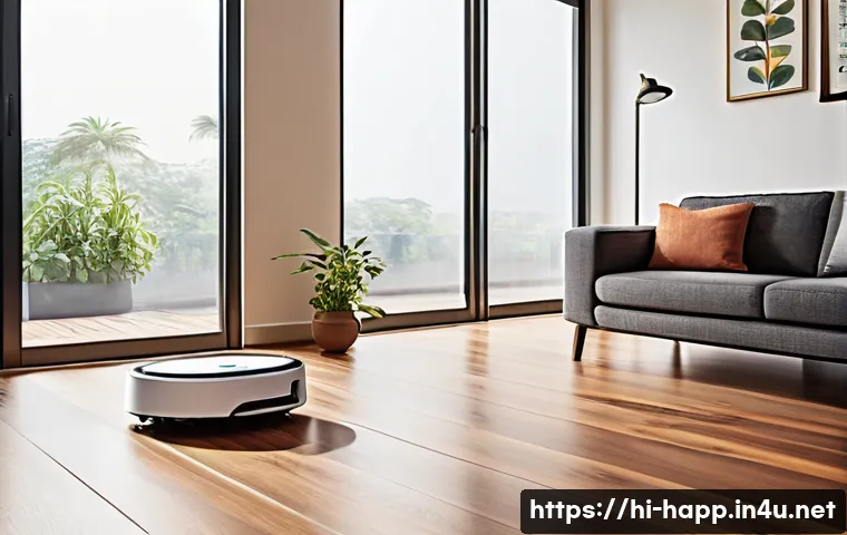 로봇청소기와 진공청소기 비교 - A modern Indian living room with wooden furniture and polished floors, featuring a sleek robot vacuu...