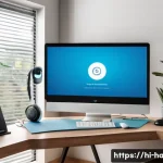 Home 19 홈 오피스 가전 선택 - A modern home office setup designed for a Hindi-speaking professional, featuring a sleek 4K monitor ...