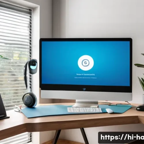 Home 31 홈 오피스 가전 선택 - A modern home office setup designed for a Hindi-speaking professional, featuring a sleek 4K monitor ...