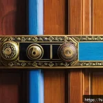 Home 18 디지털 도어록 고장 해결 - A close-up scene of a modern digital door lock mounted on a wooden door, displaying a low battery in...
