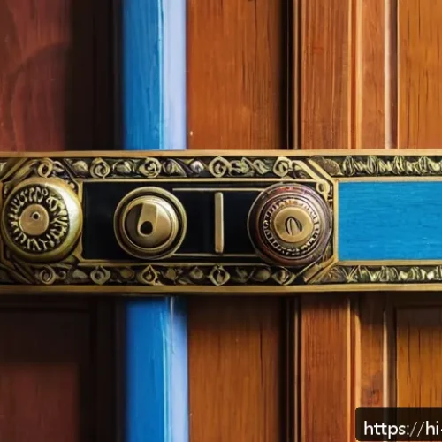 Home 30 디지털 도어록 고장 해결 - A close-up scene of a modern digital door lock mounted on a wooden door, displaying a low battery in...