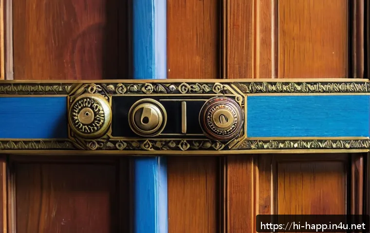 디지털 도어록 고장 해결 - A close-up scene of a modern digital door lock mounted on a wooden door, displaying a low battery in...