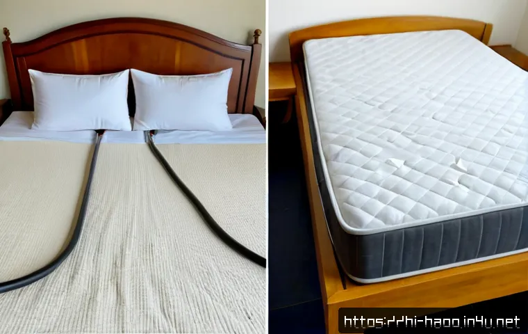 전기매트와 온수매트 차이 - Photorealistic split-bedroom comparison, left side a neatly made bed with a slim electric heating ma...