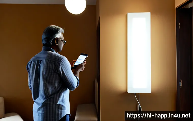 스마트 조명 설치 가이드 - Photorealistic Indian apartment living room, a middle-aged homeowner safely installing a smart LED b...
