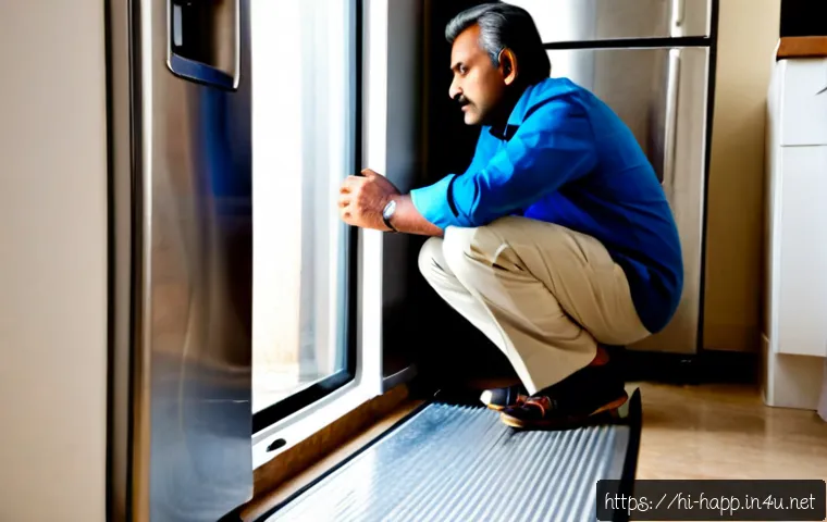 Home 17 냉장고 컴프레서 소음 - Photorealistic modern home kitchen, a middle-aged Indian man crouching beside a stainless steel refr...