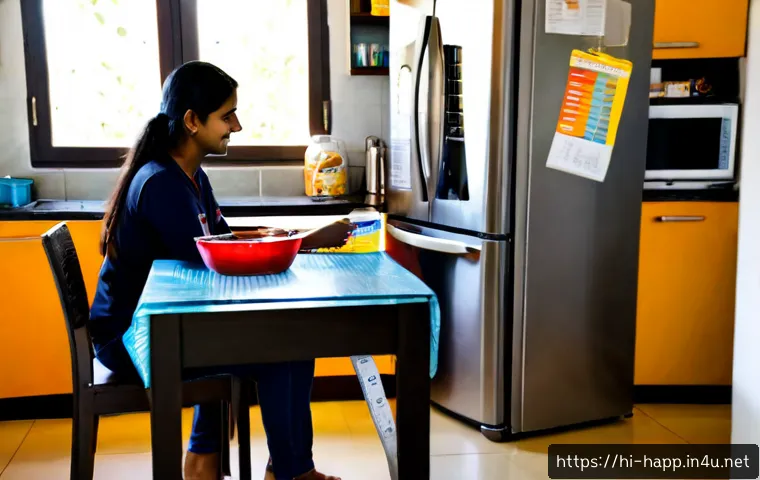 Home 17 가전제품 온라인 구매 팁 - Photorealistic Indian family comparing a stainless steel refrigerator and washing machine on a lapto...